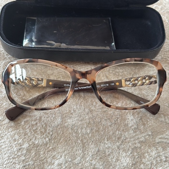 Coach Women's Tortoise Shell Glasses w/ Gold Tone Chain Leather Wrap Rectangular - Picture 1 of 16